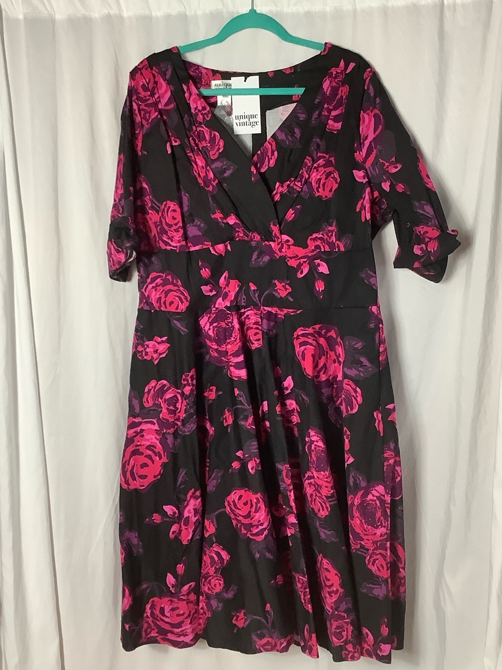 Unique Vintage Black Midi Dress with Hot Pink Floral Print size 4XL
